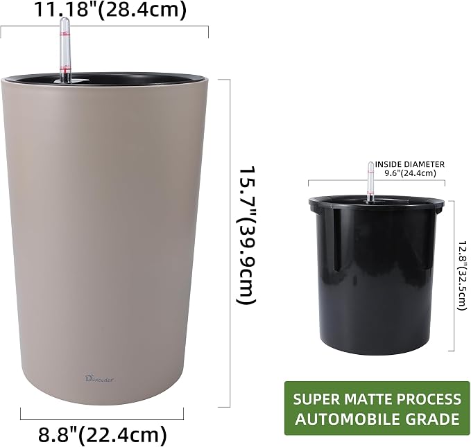 Dexceder 16x12 Self Watering Tall Planter (Taupe Matte) | High Cylinder, Thickened Large Floor Standing Flower Plant Pot with Water Level Indicator Indoor Outdoor