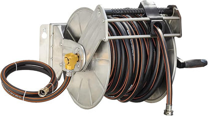 Giraffe Tools Stainless Steel Garden Hose Reel Heavy Duty, Wall/Floor Mounted Stainless Water Hose Reel Retractable with Crank, 150-Feet 5/8" Hose Capacity＆100FT hose