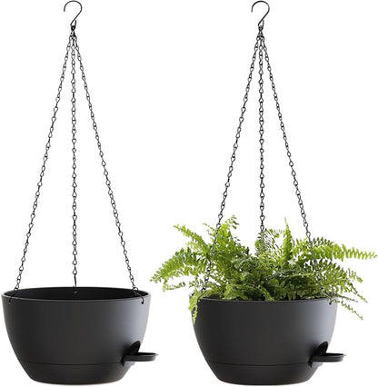 10 Inch Hanging Baskets 2 PC with Chains, Self-Watering Hanging Planters for Indoor Outdoor Plants, Plastic Hanging Flower Pots,Black