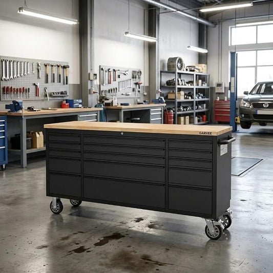 Garvee 72-Inch Heavy-Duty Rolling Tool Chest & Mobile Workbench with 15 Drawers, Rubber Wood Tabletop, Key Locking System, Drawer Liners and Wheels, Steel Storage Cabinet for Garage, Workshop