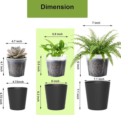 6 Pack of 6in Plastic Cachepot with 6 inch Clear nusery Pot - self Watering Indoor Planter with Drainage for Root Visibility,semi Hydro pots for repotting Monstera,Orchids,Aroid,Black