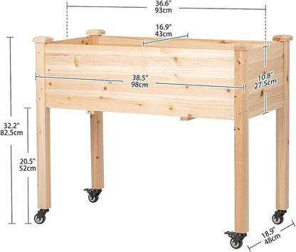 Raised Garden Bed with Lockable Wheels, 40x24x32 inch Elevated Wood Planter with Protective Liner for Vegetable Flower Herb Outdoor Balcony Patio Backyard, Natural