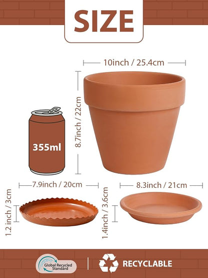 INGOFIN Terracotta Pot Set of 2 with Saucer - 10 Inch Ceramic Clay Pot for Plants with Drainage Hole, Large Terra Cotta Flower Planter with Tray for Indoor Outdoor Plants
