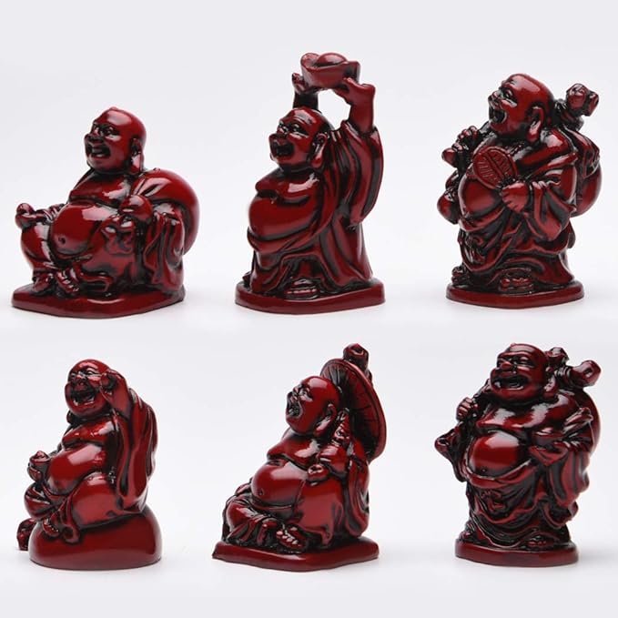 6Pcs 2in Red Resin Laughing Buddha Figurines, Tabletop Lucky Decor | Maitreya Buddha Statue, Flower Pot Statue, Home Office Desk Decor, Fengshui Collection Gift Ornaments
