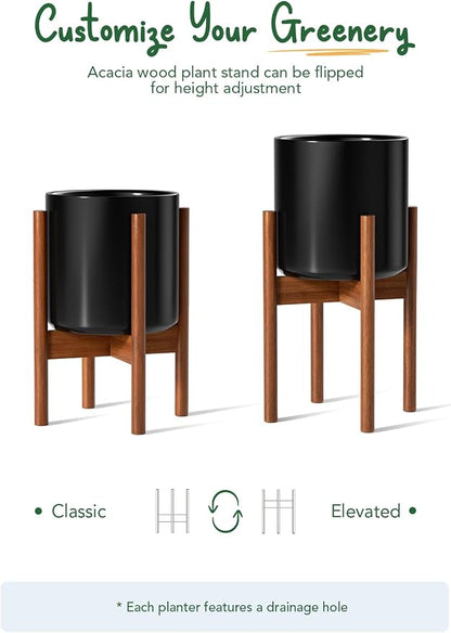 LE TAUCI 10 Inch Planter with Acacia Wood Stand, Ceramic Planter for Indoor Plants with Plant Holder, Mid-Century Modern Home Decor, Round Flower Pots with Drainage Hole, Black