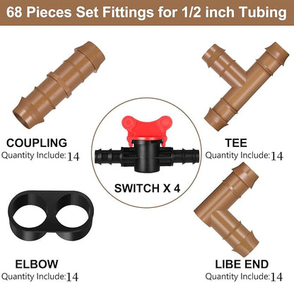 60 Pcs Drip Irrigation Fittings Kit 1/2 Inch Tubing Set Including 4 Switch Valves, 14 Tees, 14 Couplings, 14 Elbows and 14 End Cap Plugs Drip Irrigation Barbed Connectors for Drip or Sprinkler System