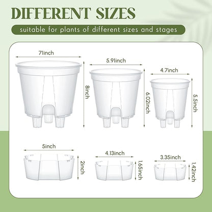 Wonderjune Self Watering Pots for Indoor Plants with Deep Reservoir and High Drainage Holes for Outdoor Plants and Flowers, Bare Root Planter(4.72'', 5.91'', 7.09'',Clear,9 Pcs)