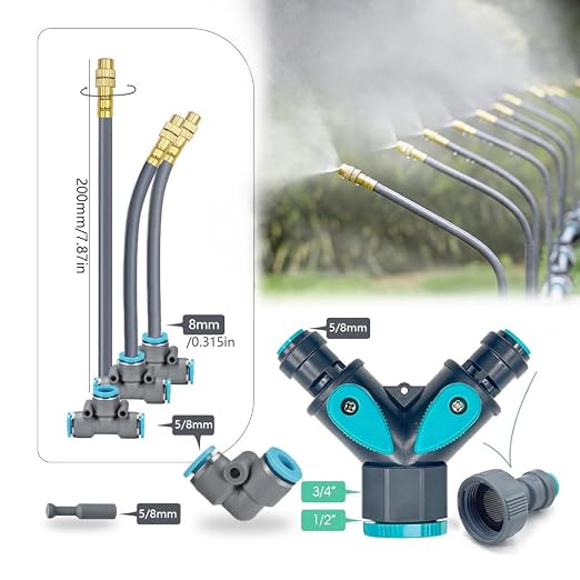 Drip Irrigation System, 50Ft 5/16 Inch Hose, 16 Adjustable Copper Nozzles, Automatic Atomizing Watering Kit for Greenhouse, Outdoor, Raised Bed, Lawn
