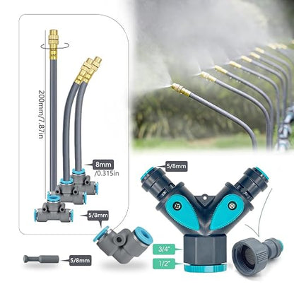 Drip Irrigation System, 50Ft 5/16 Inch Hose, 16 Adjustable Copper Nozzles, Automatic Atomizing Watering Kit for Greenhouse, Outdoor, Raised Bed, Lawn