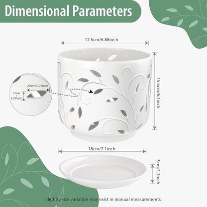 Orchid Pots with Holes, 7 Inch Orchid Pots with Drainage Holes and Tray, Indoor or Outdoor Ceramic Flower Pot for Orchid Care, Promoting Air Circulation - White