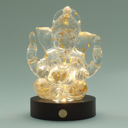 Lord Ganesha Statues with Light - Ganesh Idol Figurine | Elephant God Buddha Sculpture for Home Car Decor Tabletop Statue