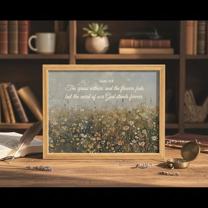 smvexyl Framed Christian Bible Verse Wall Art Canvas, Isaiah 40:8 Scripture Wildflower Meadow Painting Religious Wall Decor Faith Inspirational Picture for Living Room Bedroom Home Decoration 16x24