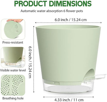Self Watering Pots for Plants, 2026 New Flower Plant Pots with Drainage Holes, Wicking and Clear Reservoirs for Succulent, Aloe, Cacti and Others - 6 Pack (Green, 6")