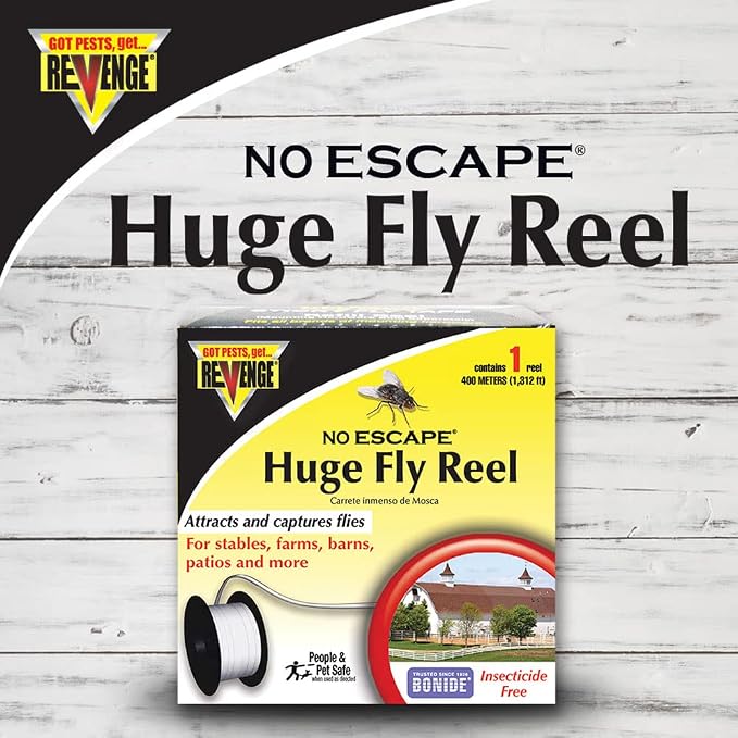 Revenge No Escape Huge Fly Reel Sticky Tape Trap, 1,312' Indoor Outdoor Hanging Disposable Fly Strip, Non-Toxic People and Pet Safe