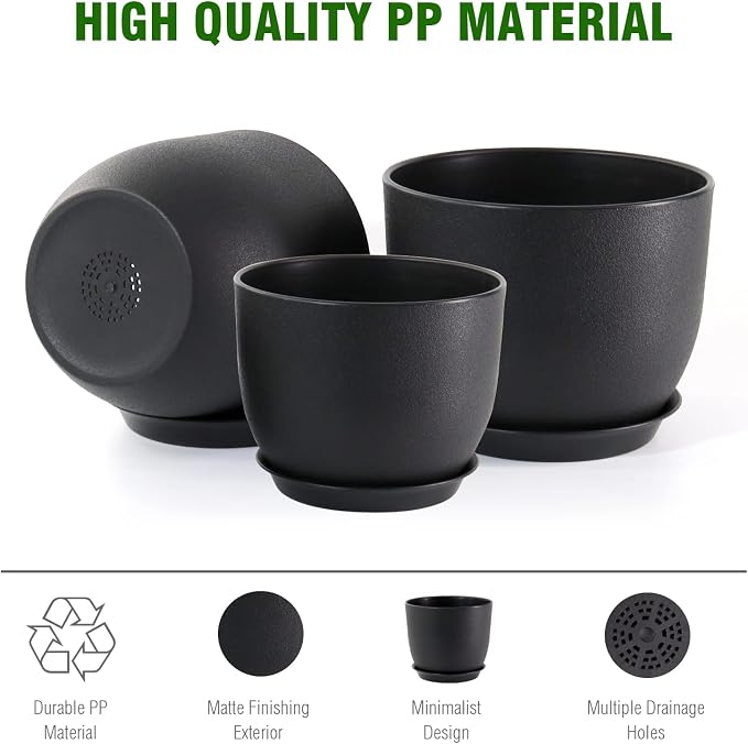 UOUZ 12/10/9 Large Modern Plant Pots, Plastic Planters with Drainage Holes and Saucers for Indoor Outdoor Plants Flowers, Black