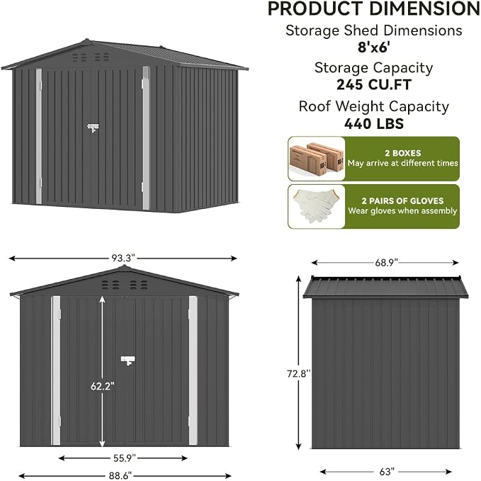 COMHOMA Shed Outdoor Storage Shed Metal,Lockable Doors Tool Sheds with Sloping Roof,Steel Garden Shed with Air Vent for Backyard,Patio,Lawn,Poolside(Grey,8'x6') | Sloping Roof and Air Vent Perfect for Backyard Patio Lawn and Poolside