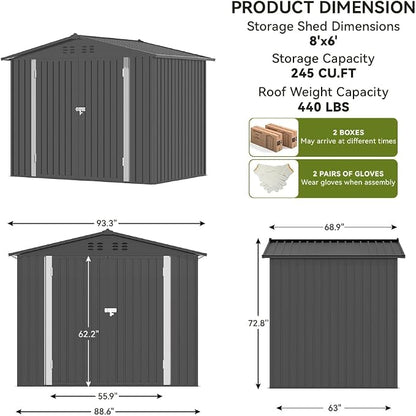 COMHOMA Shed Outdoor Storage Shed Metal,Lockable Doors Tool Sheds with Sloping Roof,Steel Garden Shed with Air Vent for Backyard,Patio,Lawn,Poolside(Grey,8'x6') | Sloping Roof and Air Vent Perfect for Backyard Patio Lawn and Poolside