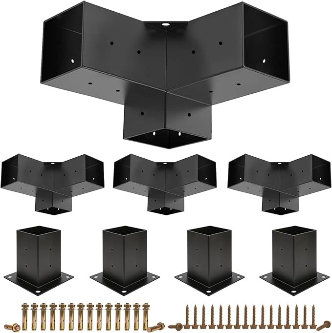 Pergola Brackets, 4 Pack Woodworks Pergola Kit 3-Way Right Angle Corner Bracket with Pergola Post Base for 4x4'' (Actual: 3.5x3.5'') Wood Beams Elevated Wood Stand Kit Pergola/Gazebo Kit
