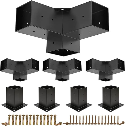 Pergola Brackets, 4 Pack Woodworks Pergola Kit 3-Way Right Angle Corner Bracket with Pergola Post Base for 4x4'' (Actual: 3.5x3.5'') Wood Beams Elevated Wood Stand Kit Pergola/Gazebo Kit
