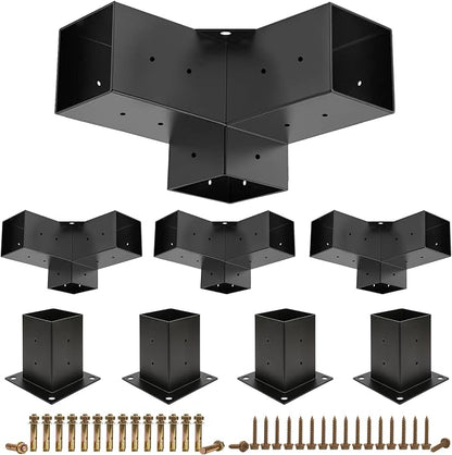 Pergola Brackets, 4 Pack Woodworks Pergola Kit 3-Way Right Angle Corner Bracket with Pergola Post Base for 4x4'' (Actual: 3.5x3.5'') Wood Beams Elevated Wood Stand Kit Pergola/Gazebo Kit