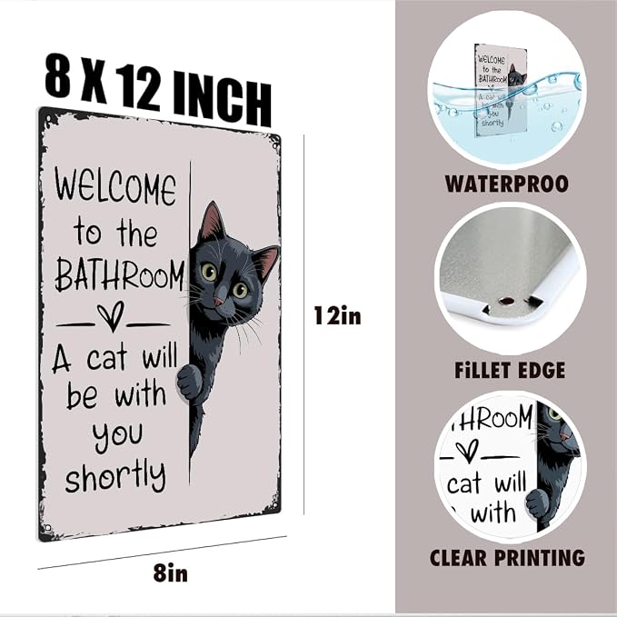 mmiishe Funny Cat Bathroom Decor Black Cat Lover Gifts for Women Men Vintage Metal Signs for Restroom Toilet Powder Room Wall Decor Retro Wall Art Plaques 8x12 Inches Bathroom Accessories