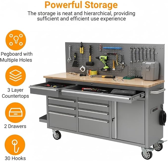PeakPursuit 61" Rolling Tool Chest with 10 Drawers, Workbench Cabinet with Power Strip, Solid Rubber Wood Top, Pegboard, 1675 LBS Load, Mobile Heavy Duty Garage Storage, Locking Wheels, Silver