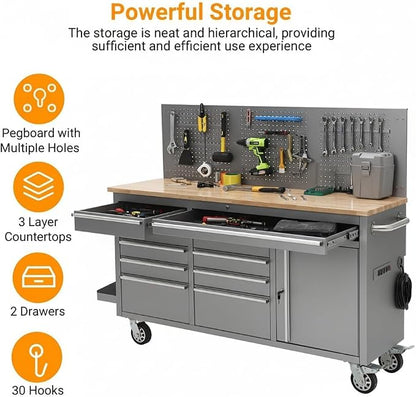 PeakPursuit 61" Rolling Tool Chest with 10 Drawers, Workbench Cabinet with Power Strip, Solid Rubber Wood Top, Pegboard, 1675 LBS Load, Mobile Heavy Duty Garage Storage, Locking Wheels, Silver