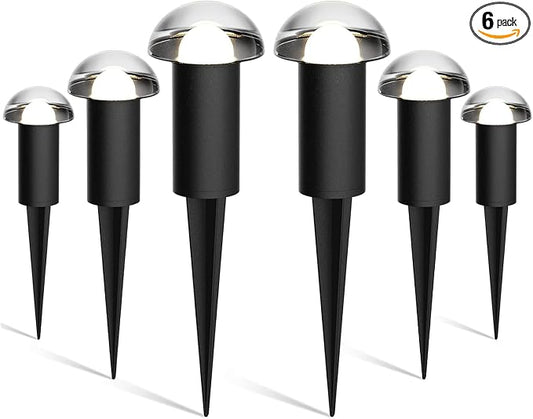 VENUS MANUFACTURING Low Voltage Landscape Pathway Lighting 6PK 1.5W LED Mushroom Lights 35Lumen Wired Walkway Light 3000K Warm White Driveway & Sideway Lights Metal Black Finish with Connector Stake
