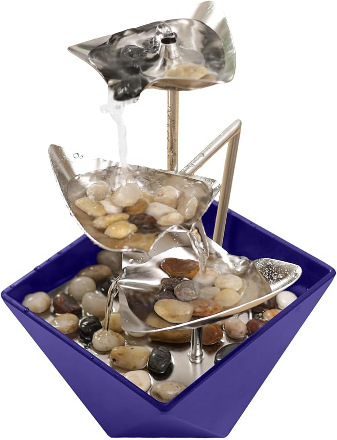 Trilogy Tabletop Fountain with 3-Tier Stainless Steel Waterfall | Handcrafted Design, Adjustable Water Flow & Smart Pump for Modern Home Decor