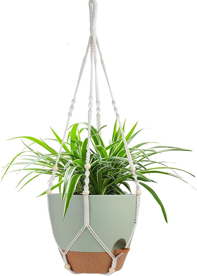 Vanslogreen 12 Inch Hanging Planters for Indoor Outdoor Plants, Self Watering Hanging Pot with Drainage Holes & Removable Tray, Macrame Plant Hanger for Boho Home Decor (Ivory+White) (Ivory+Green)