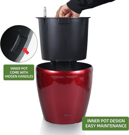 Dexceder 11x10 Self Watering Planter (Red High Gloss) | Inner Pot Design, Thickened Table Flower Plant Pot with Water Level Indicator Indoor Outdoor