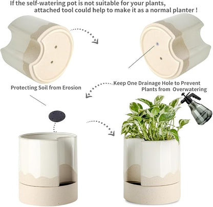 Nihow Ceramic Self Watering Plant Pot for Indoor Plants,8 Inch,White & Wave | Planter with Cotton Wick, Drainage Hole & Water Storage Plus, Cylinder Round Flower Pot, For Succulent/Herbs/Violets