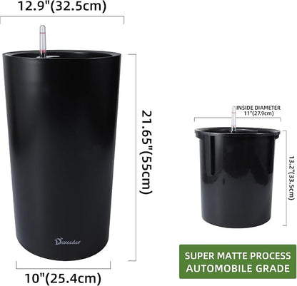 Dexceder 22x13 Self Watering Tall Planter (Black Matte) | High Cylinder, Thickened Large Floor Standing Flower Plant Pot with Water Level Indicator Indoor Outdoor