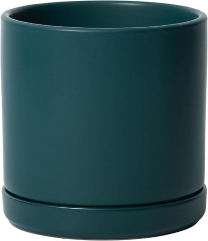 D'vine Dev 6 Inch Ceramic Planter Pot, Teal, 94-O-C-9 | Modern Cylinder Design, Drainage Hole & Saucer Included, Stable Structure, Elegant Home Accent