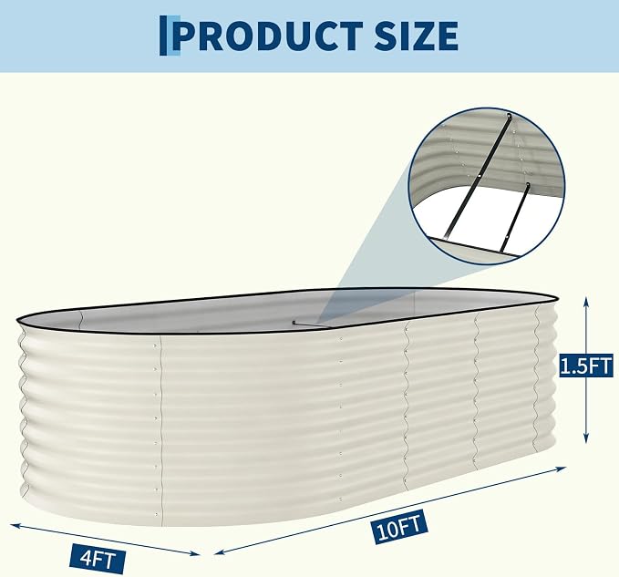 Garvee 2 Pack 10x4x1.5ft Galvanized Raised Garden Bed Kit, Oval Metal Planter Boxes with Anti-Cut Safety Edges, Rust-Resistant Deep Root Planters for Outdoor Vegetables, Flowers, Herbs, Beige