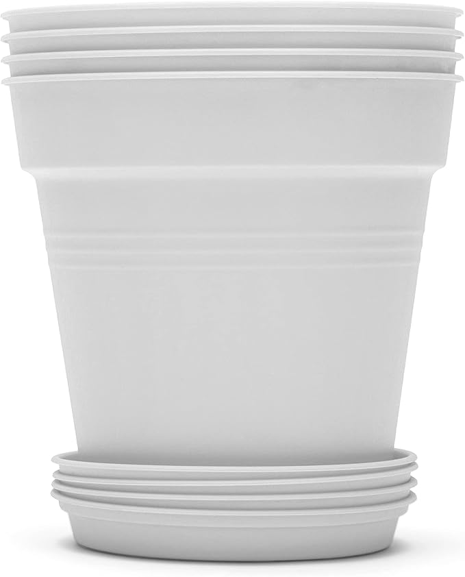 Mintra Garden Pots, 4 Pack Bulk Plastic Plant Pots with Drainage Tray, Round Indoor & Outdoor Decorative Planters with Drain Holes for Flowers, Herbs & Plants, 17cm Diameter – White, 6.6 in