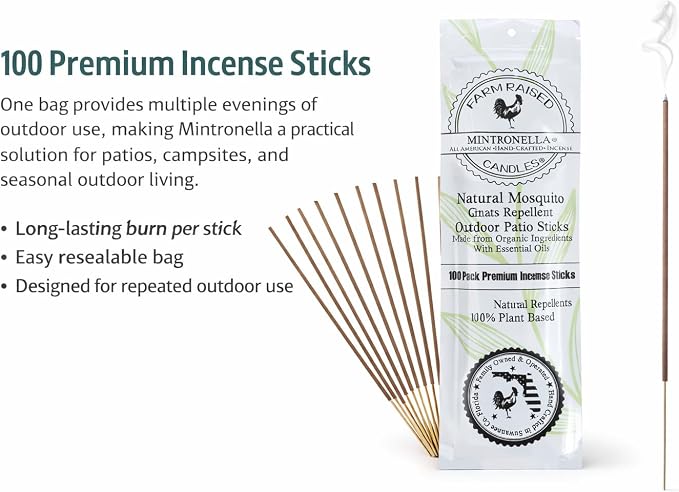 Mintronella USA Made Citronella & Peppermint Mosquito Repellent Incense Sticks – 100 Pack – Natural Bug & Insect Repellent – Outdoor Camping, Patio Decor – No‑See‑Um & Gnats, Fly