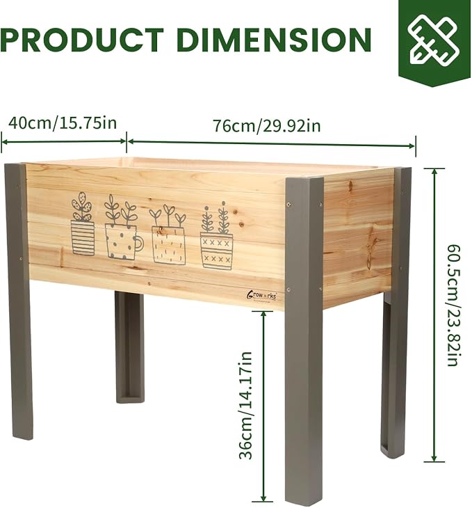 Raised Garden Bed for Kids - 30”L*16”W*24”H Elevated Wooden Planter Box Stand, Backyard, Patio, Balcony w/Bed Liner, 170lb Capacity (Green)