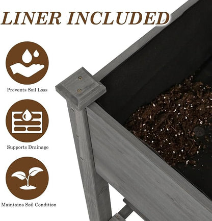 Raised Garden Bed with Lockable Wheels, 40x24x32 inch Elevated Wood Planter with Storage Shelf Protective Liner for Vegetable Flower Herb Outdoor Balcony Patio Backyard, Grey