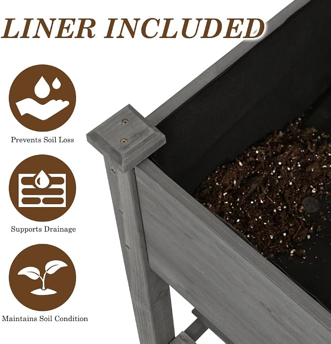 Raised Garden Bed with Lockable Wheels, 48x24x32 inch Elevated Wood Planter with Storage Shelf Protective Liner for Vegetable Flower Herb Outdoor Balcony Patio Backyard, Grey