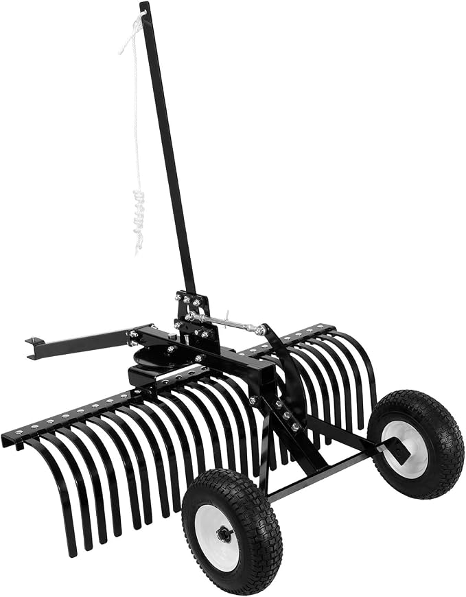 VEVOR 48in Tow Behind Landscape Rake, Pull Behind Lawn Rock Rakes for ATV Mower Tractors, 24 Durable Steel Tines, Adjustable Height & Angle, Heavy Duty Dethatcher Rake for Leaves Debris