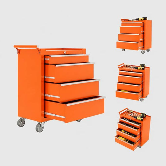 IDEALHOUSE Rolling Tool Chest, 5 Drawers Tool Storage Cabinet, Toolbox with Wheels, Portable Tool Cabinet Organizer with Locking System & Drawer Liners, Tool Storage Cart for Garage, Workshop, Orange