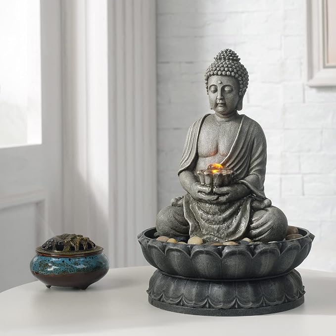 GOSSI 11.2 Inch Tall Indoor Tabletop Buddha Fountain with Reflective Lighting and Cobblestone Base, Zen Desk Water Fountain for Office and Home Decor