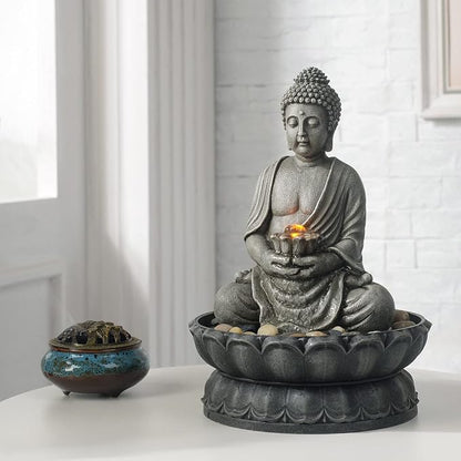 GOSSI 11.2 Inch Tall Indoor Tabletop Buddha Fountain with Reflective Lighting and Cobblestone Base, Zen Desk Water Fountain for Office and Home Decor