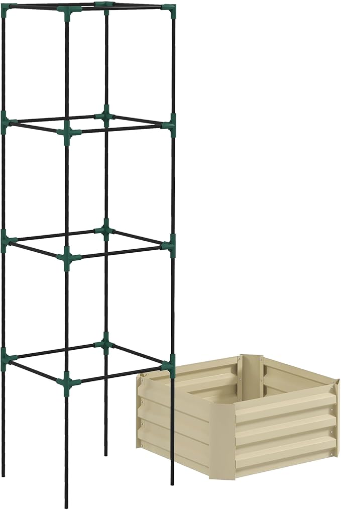 Outsunny Galvanized Raised Garden Bed, 73.5" Tall Outdoor Planter Box with Trellis Tomato Cage and Open Bottom for Climbing Vines, Vegetables, Flowers in Backyard, Garden, Patio, Cream