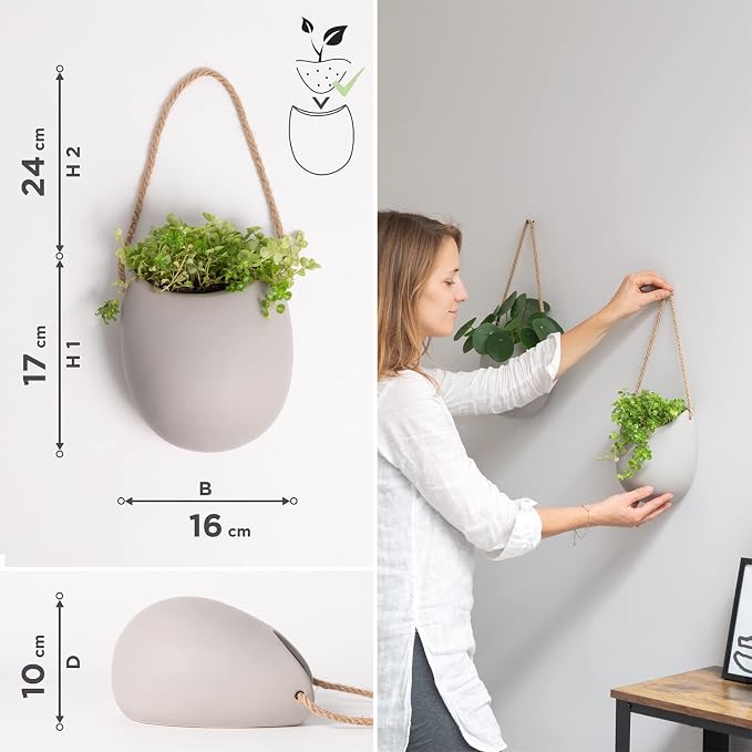 Kazai. Wall Planters -Ellie- | Hanging Ceramic Plant Pots 2 Pieces | Wall Decoration for Indoors, Balcony and Garden | Light Gray (Matte)