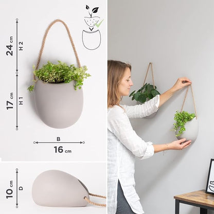 Kazai. Wall Planters -Ellie- | Hanging Ceramic Plant Pots 2 Pieces | Wall Decoration for Indoors, Balcony and Garden | Light Gray (Matte)