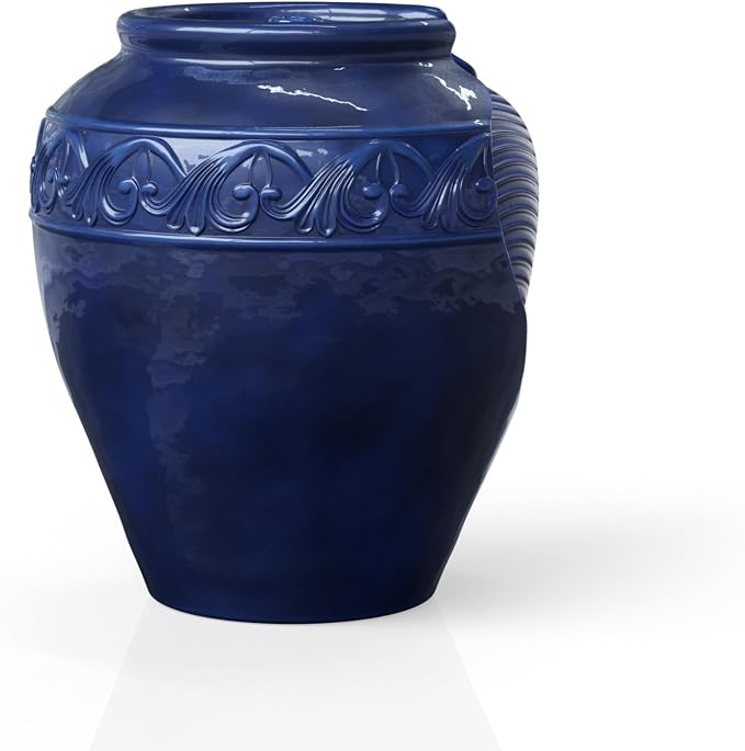Teamson Home 16.96 in. Outdoor Glazed Pot Water Fountain with LED Lights, Built-in Pump to Create a Calming Oasis in Gardens, Landscaping, Patios, Balconies, Lawns, Royal Blue | Glazed Pot Ceramic Look, LED Lights & Pump, Cascading Zen Fountain, For Ba...