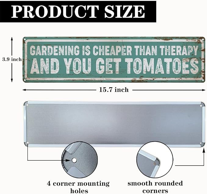Garden Metal Tin Sign, Funny Garden Decor, Vintage Farmhouse Wall Art, Gardening Is Cheaper Than Therapy Sign, for Yard Fence Door Porch, Indoor Outdoor Gardens Decoration, 15.7 x 3.9 Inches