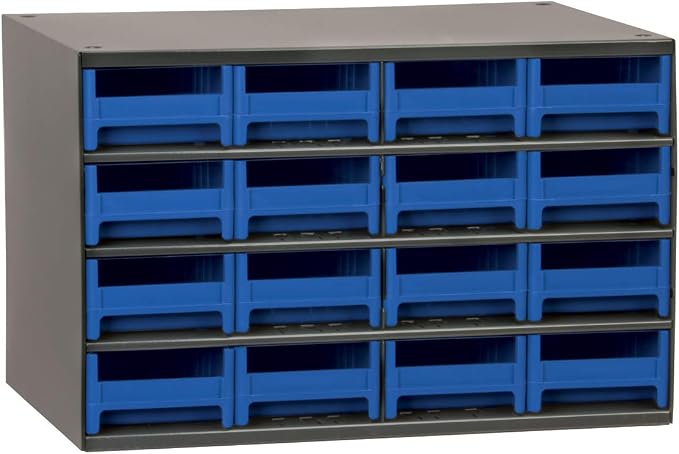 Akro-Mils Steel Garage Storage Cabinet, Small Parts Organizer Metal Cabinet for Hardware, Nails, Screws, Bolts, Nuts, and More, 17" W x 11" D x 11" H, 16-Drawer, Gray Cabinet/Blue Drawers (19416)